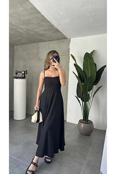 asfamoda Women's Black Rope Strap Gipeli Jessica Lined Maxi Dress