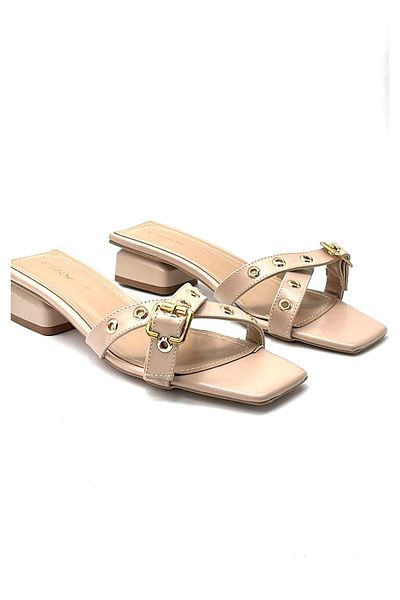 KİNDEP Kindep (London) Short Thick Heeled Cross Troc Detailed Women's Slippers Ten