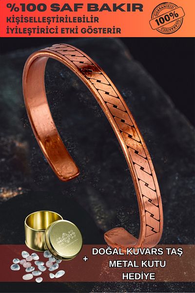 OSMANLI GÜMÜŞ Chain Patterned Forged Copper Bracelet Men Women – Quartz Stone and Metal Box Gift"