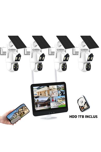 CLAUSTEEL Complete kit with 4 CLAUSTEEL SQ01 surveillance cameras dual and solar panel,WIFI,7500mAh,NVR12inch