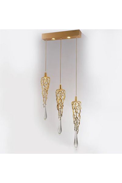 LUXXO Candelabru Oro, 5xGU10, 3 fire suspendate, corp din metal auriu, decoruri din cristal