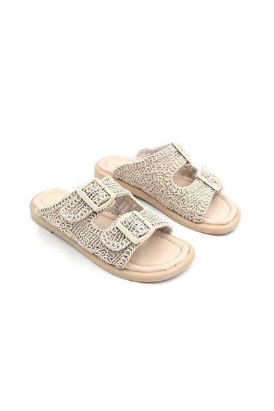 KİNDEP Kindep Beganvil Double Buckle Detailed Daily Woven Knitted Women's Slippers Beige
