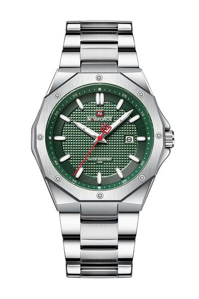 Naviforce Stylish Mens Quartz Watch with Green Dial Stainless Steel Strap Analog Display Water Resistant