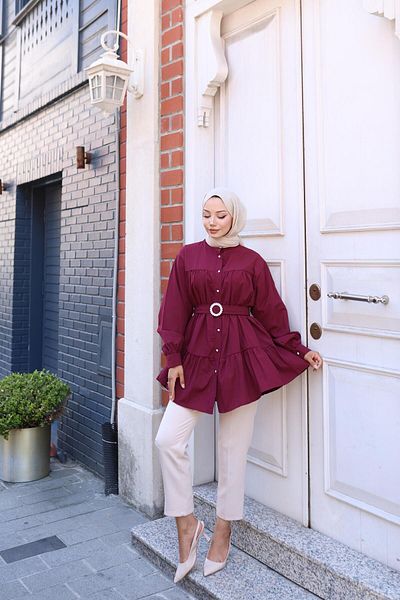 MODA AKGÜN Belted Fold Buttons Stone Detail Princess Shirt
