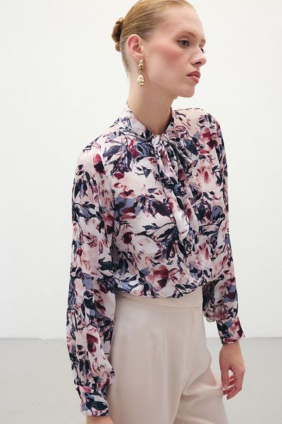 Sateen Cămașă cu guler eșarfă cu model - Roșu Claret