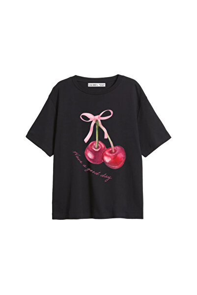 Bak Moda Have A Good Day Printed Relaxed Fit Μαύρο γυναικείο μπλουζάκι