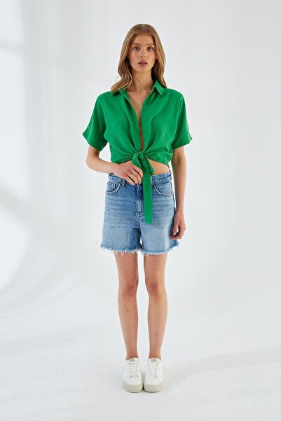 Mixray 4230 Women's Tie-Up Summer Linen Shirt Green
