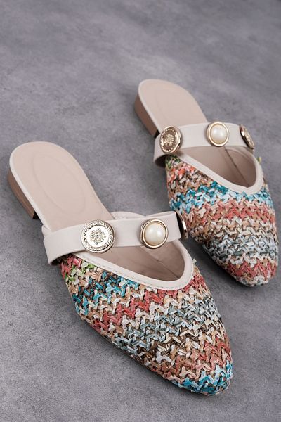 Lal Shoes & Bags Cling Women's Gold Buckle Straw Detailed Slippers-Colorful