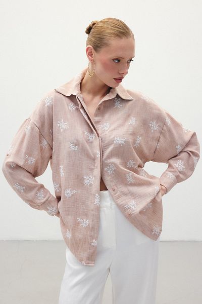 Sateen Cămașă casual brodata - Pudra