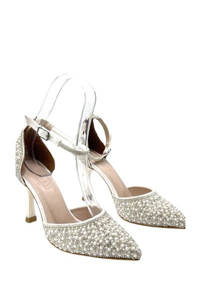 KİNDEP Kindep (oz Maça) Pearl Detailed Heeled Women's Evening Dress Shoes White