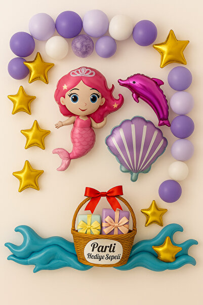 parti hediye sepeti Lila Pembe Deniz Kızı & Yunus Folyo Balon Seti – Doğum Gü...