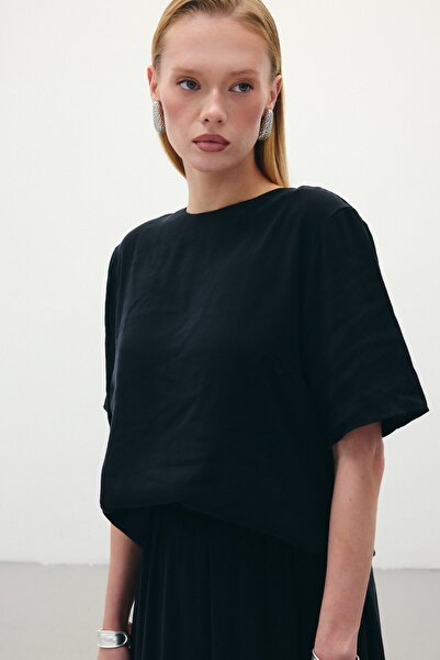 Sateen Kısa Kollu Salaş Bluz - Siyah