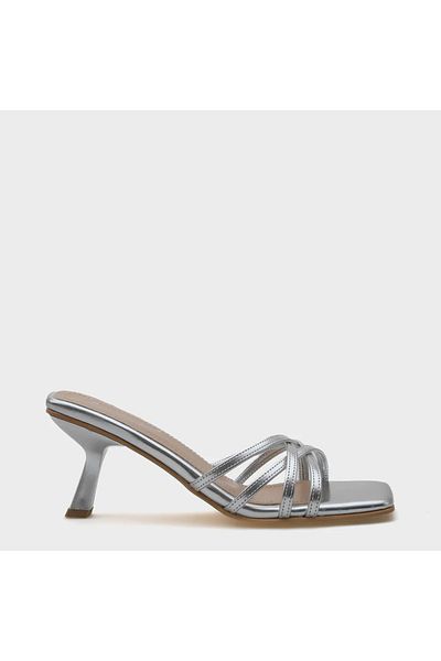 KİNDEP Kindep Sesame Thin Cross Strap Women's Heeled Slippers Silver