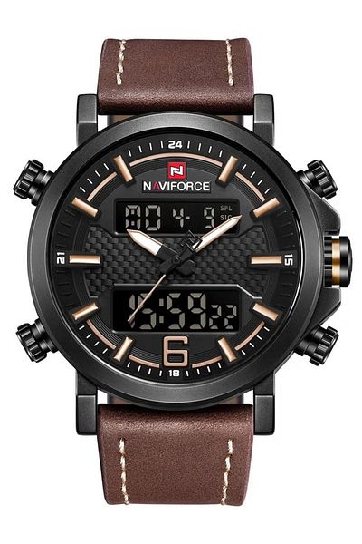 Naviforce Mens Black Dial Brown Leather Strap Watch Analog Digital Quartz Waterproof Chronograph