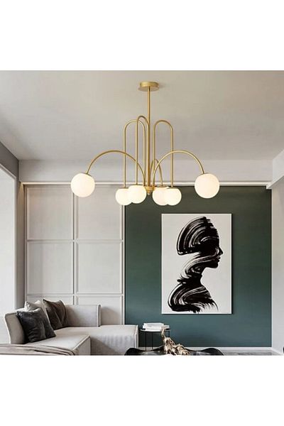 LUXXO Candelabru Molecular, 6xG9, corp aluminiu, abajur sticla, auriu/alb, 100x100x50cm