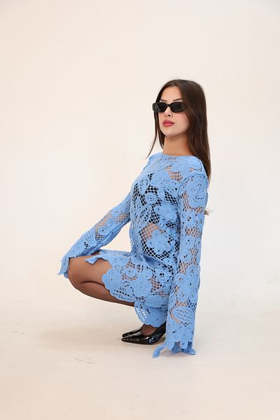 DM DİLAN MODA Women's Crochet Long Sleeve Seasonal Tunic Dress