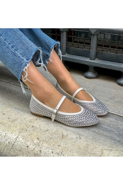 KİNDEP Kindep Pearl Stone Detailed Women's Ballerinas White