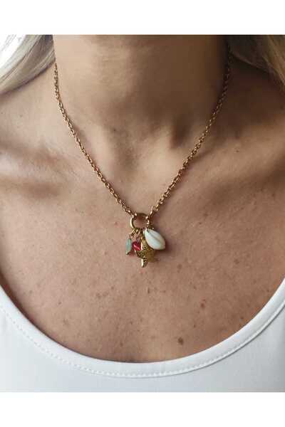 MoS JEWELLERY Gold Renk Deniz Kabuğu ve Yıldız Figürlü Paslanmaz Çelik Kolye – Suya Dayanıklı Kararma Yapmaz