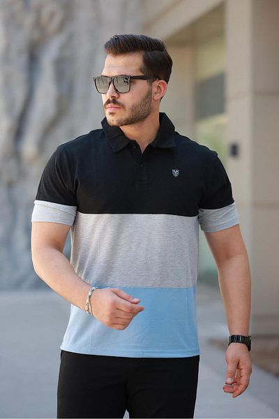 Miron Men's Polo Neck Black Gray Blue Color Block 100% Cotton T-Shirt - 2532