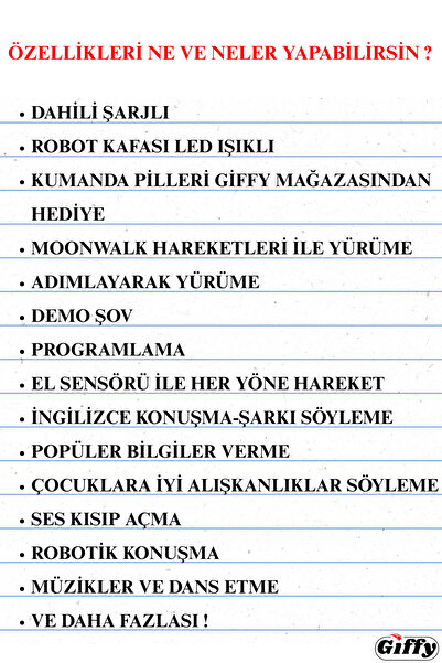 giffy Oyuncak Uzaktan Kumandalı ve El Sensörlü Şarjlı Led Işık Moonwalk Yürüyen Akıllı Robot 19 Fonksiyon