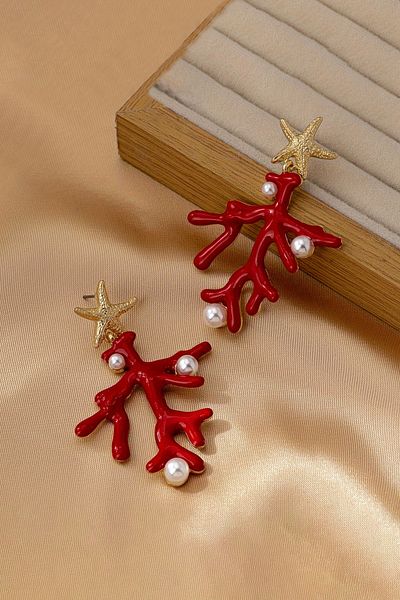 Glaren Red Coral Design Dangle Women's Earrings