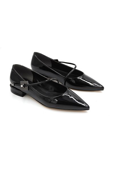 KİNDEP Kindep Low Heeled Piping Atklisi Daily Women's Ballerinas Patent Leather Black