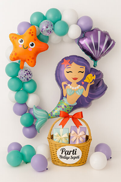 parti hediye sepeti Deniz Kızı & Deniz Yıldızı Balon Süsleme Seti – Lila & Su...