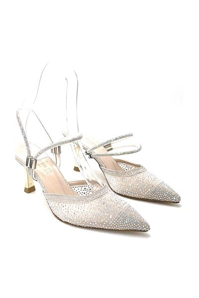 KİNDEP Kindep Stone Detailed Closed Toe Women's Evening Dress Shoes Gray
