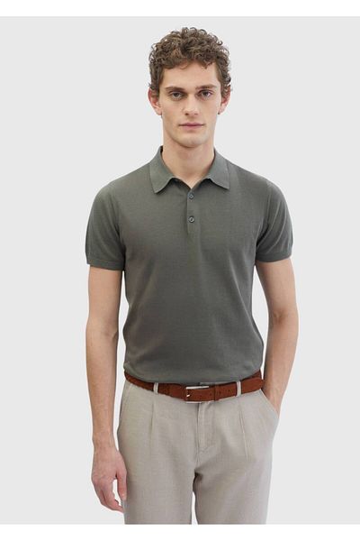 Ramsey Khaki Polo Neck 100% Cotton Knitwear Sweater