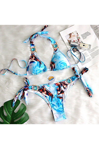 Plaja biz Costume de baie doua piese cu slip brazilian reglabil in lateral Blue Lagoon
