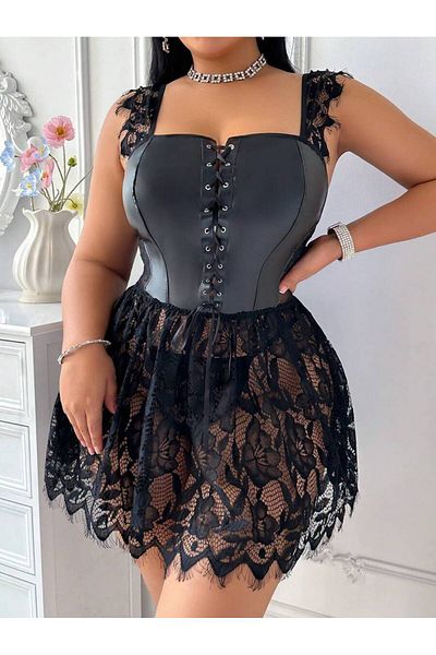 my cherie Eyelet Leather Lace Front Tie-Up Mini Plus Size Dress