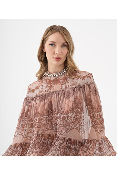 SERPİL Dantel Desenli Katlı Şifon Volanlı Bluz