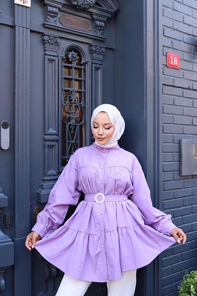 MODA AKGÜN Belted Fold Buttons Stone Detail Princess Shirt
