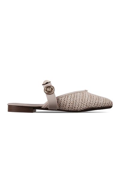 Lal Shoes & Bags Cling Women's Gold Buckle Straw Detailed Slippers-Cream