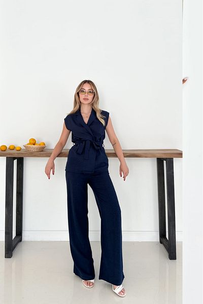 The Robi Linen Fabric Belt Detailed Vest Pant Double Suit