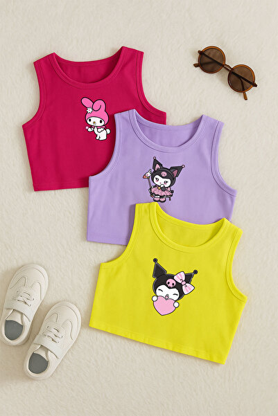 TARZ STİL Kız Çocuk kuromi Baskılı 3'lü Crop Tişört Seti 24196 24195 24191