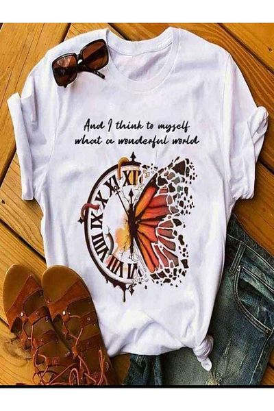 VOICTEC Women's Oversized Butterfly Printed Crew Neck T-Shirt