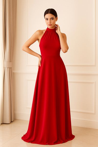 Ceylen Halter Neckline Tulle Detail Long Evening Dress