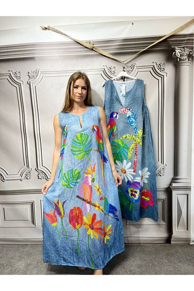 AGORATEKSTİL Women's Italian Digital Print Parrot Pattern Oversize Sleeveless Dress