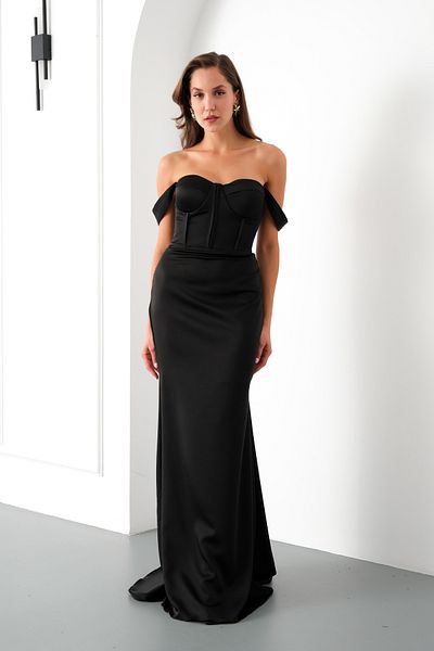 Lafaba Women's Black Chest Underwire Long Satin Evening Dress