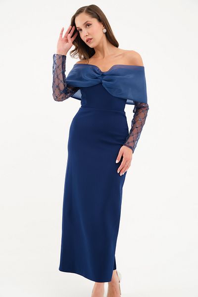 Lafaba Women's Navy Blue Sleeve Detailed Bow Promise Engagement Wedding Evening Dress