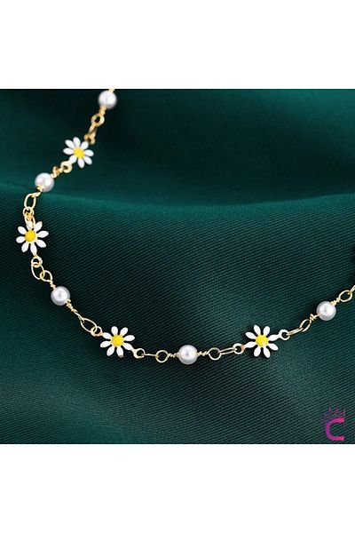 Cinderella Daisy Flower Pearl Stone 2-Piece Combination Chain Anklet - Adjustable Beach Jewelry Anklet