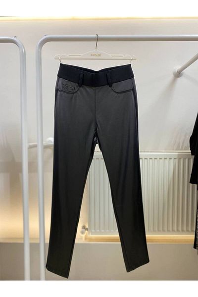 EXİTLİNE Women's Elastic Waist Faux Leather Skinny Leg Trousers