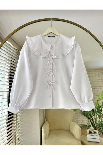 Nergis Neva Butik Poplin Fabric Collar Detailed Bow Skirt Top Shirt