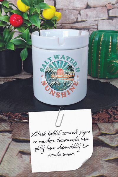 giftkonsept Salt Water and Sunshine Summer Themed Printed Ceramic Lid Odorless Ashtray