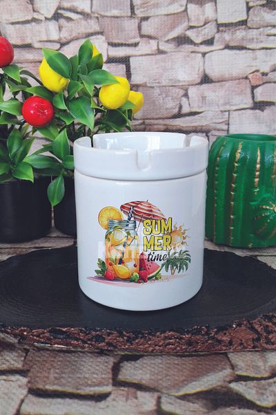 giftkonsept Summer Time Cocktail Summer Themed Printed Ceramic Lid Odorless Ashtray