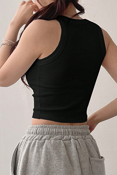 Tarz Cool Women's Black Camisole Wide Strap Ribbed Crop Tank Top