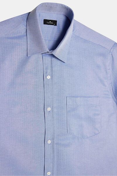 Tudors Men's Regular Fit Classic Cut Short Sleeve Cotton Single Pocket Dobby Saks Blue Shirt