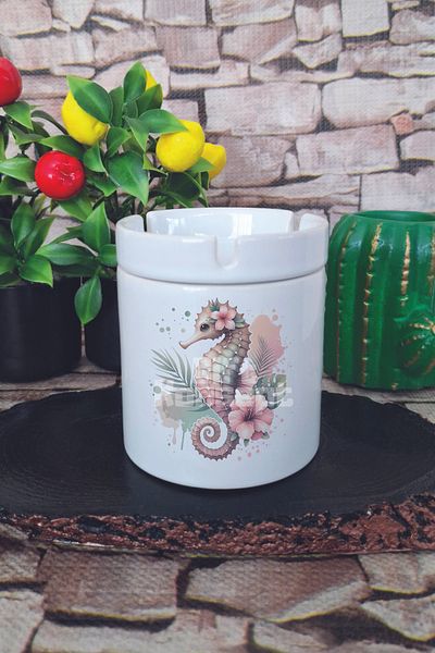 giftkonsept Sea Horse Summer Themed Printed Ceramic Lid Odorless Ashtray