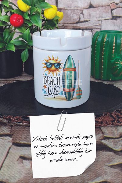 giftkonsept Beach Life Summer Themed Printed Ceramic Lid Odorless Ashtray
